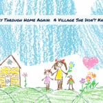 Childlike drawing of a mom and daughter holding hands outside a house with flowers, trees, and a blue sky, symbolizing hope and stability through Harvest House.