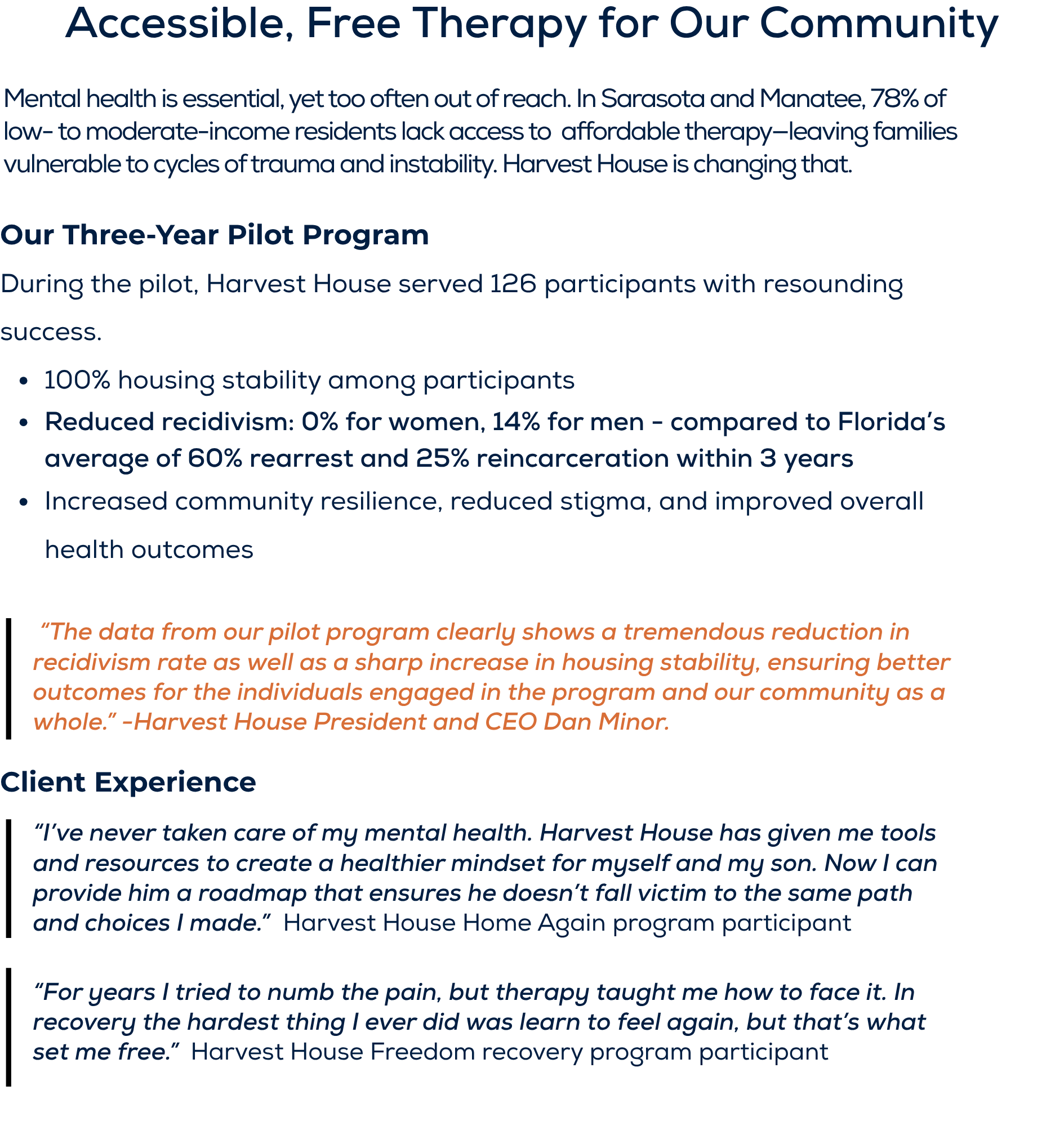 Wellness Within Reach: Accessible, Free Therapy for Our Community Two women sit together in a bright living room, one taking notes as they talk — representing free, accessible therapy offered through Harvest House’s Wellness Within Reach program. The flyer highlights key outcomes from the program’s three-year pilot, including 100% housing stability and reduced recidivism, as well as client testimonials and community impact.